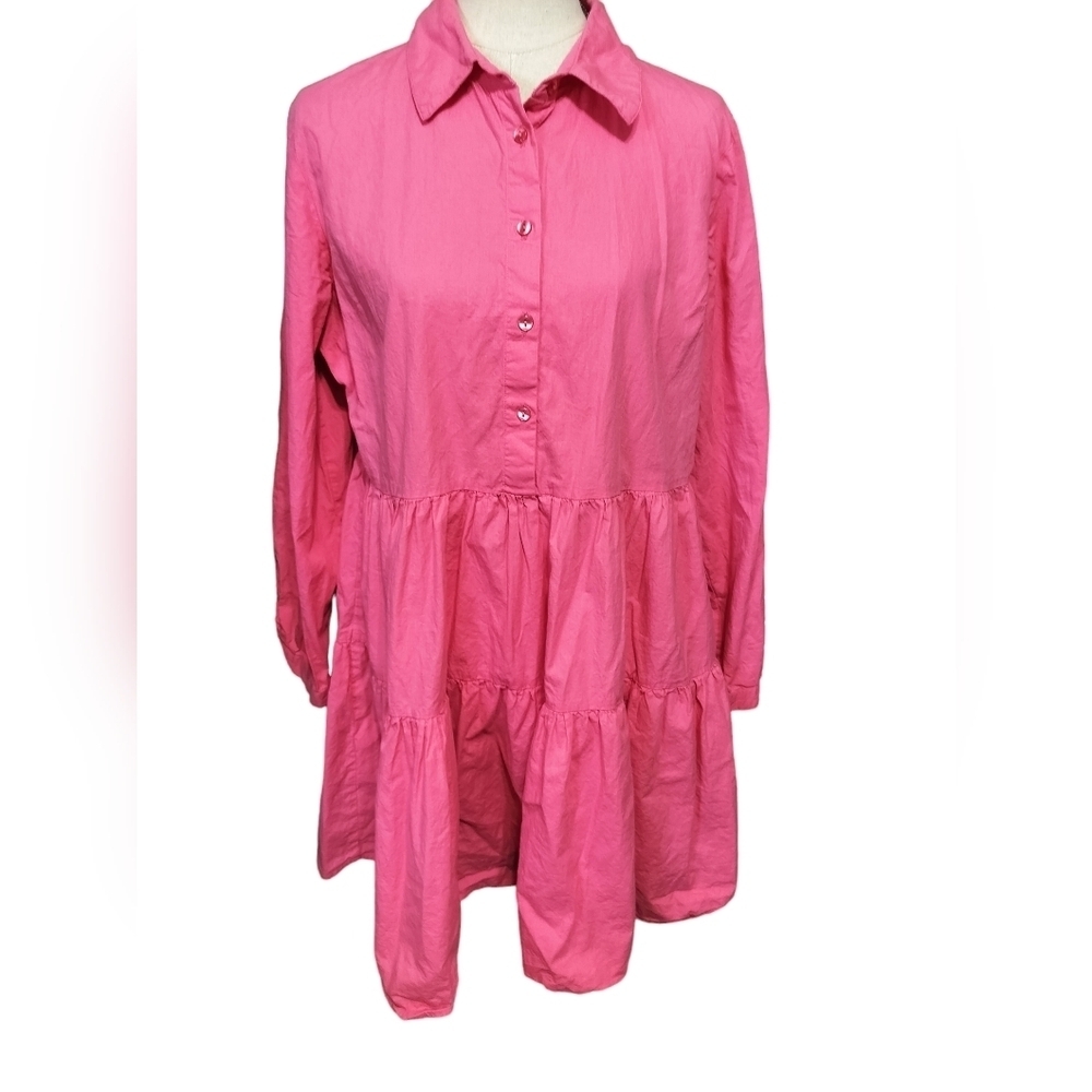 2561)New York & Co Pink Button down Tiered Poplin Long Sleeve Shirt Dress Size L